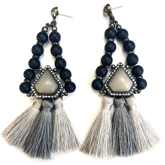 BaubleBar Black and Gray Beaded Tassel Statement Earrings - Picture 1 of 4
